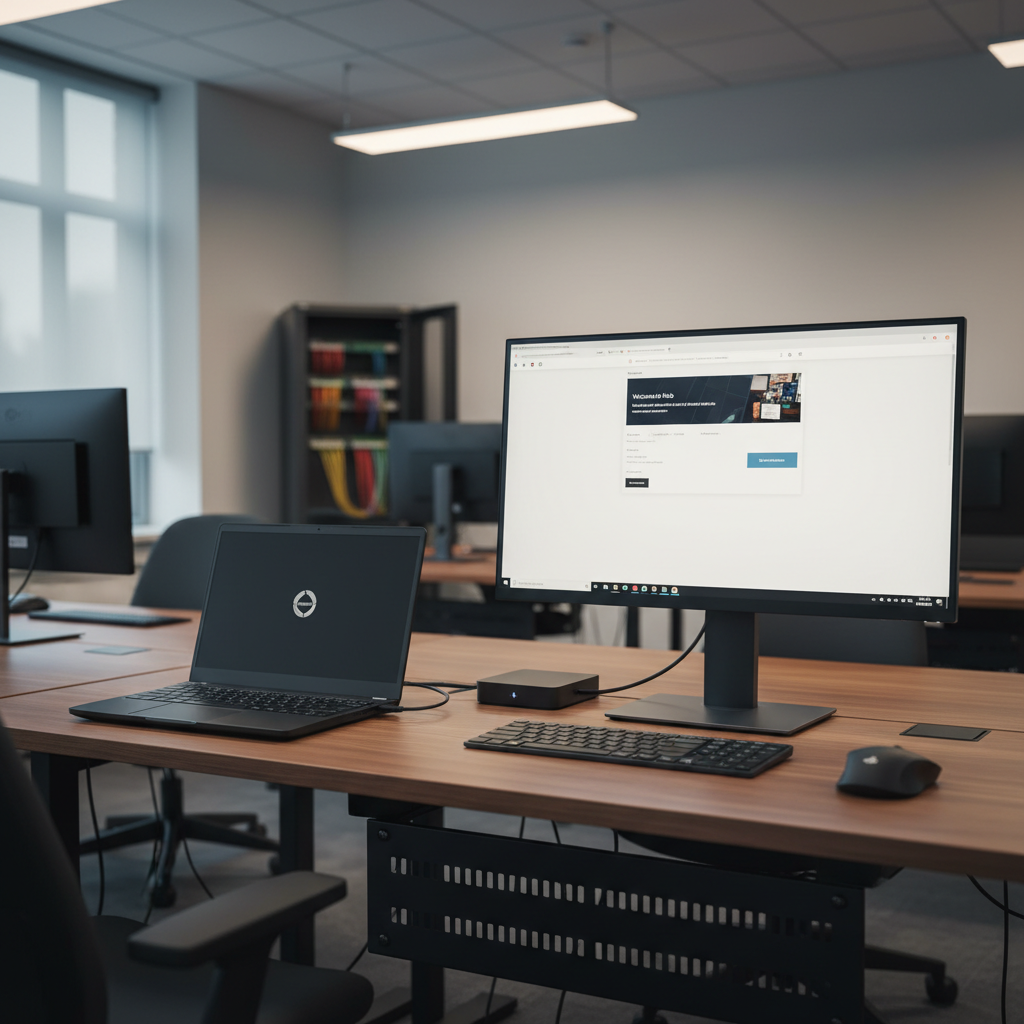 A tidy small-business office workstation freshly deployed, featuring a slim black business laptop on a clean walnut desk, connected to a bezel-less 27-inch monitor showing a clean desktop and company intranet homepage. A compact docking station, wireless keyboard, and ergonomic mouse are arranged with precise spacing, with a discreet cable tray keeping all wires hidden. In the background, other workstations and a small network cabinet with neatly bundled patch cables are softly blurred. Cool daylight from a nearby window blends with warm overhead LEDs, creating a balanced, inviting tone. Photographic realism, shot from a slightly elevated angle with a shallow depth of field, emphasizes organization, new equipment, and a smooth onboarding experience for growing businesses.